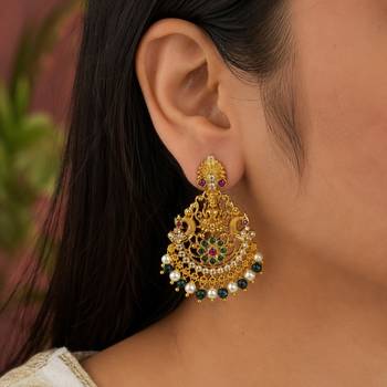 Gold plated lakshmi temple earrings with ruby green stones & pearl beads- green 1