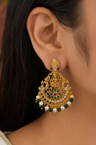 Gold plated lakshmi temple earrings with ruby green stones & pearl beads- green