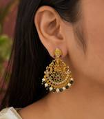 Gold plated lakshmi temple earrings with ruby green stones & pearl beads- green
