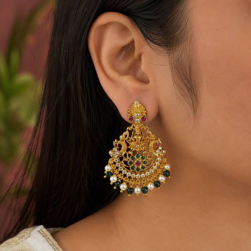 Gold plated lakshmi temple earrings with ruby green stones & pearl beads- green