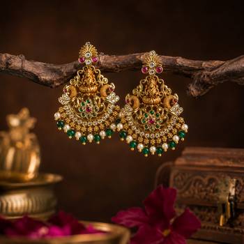 Gold plated lakshmi temple earrings with ruby green stones & pearl beads- green 2