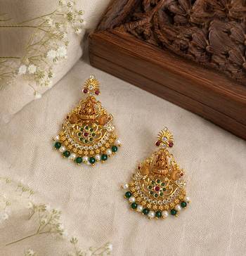 Gold plated lakshmi temple earrings with ruby green stones & pearl beads- green 3