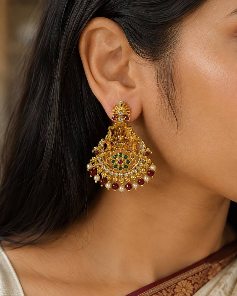 Gold plated lakshmi temple earrings with ruby green stones & pearl beads - red