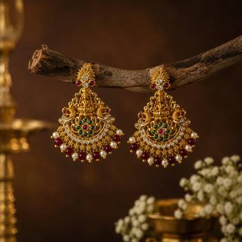 Gold plated lakshmi temple earrings with ruby green stones & pearl beads - red 2