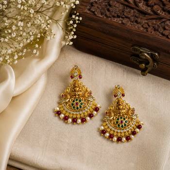 Gold plated lakshmi temple earrings with ruby green stones & pearl beads - red 3