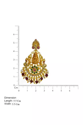 Gold plated lakshmi temple earrings with ruby green stones & pearl beads - red