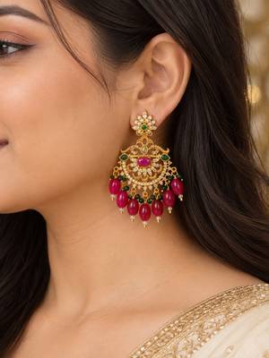 Traditional gold plated kundan chandbali earrings with red beads & green stones 1