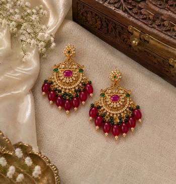 Traditional gold plated kundan chandbali earrings with red beads & green stones 2
