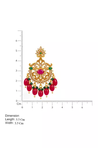 Traditional gold plated kundan chandbali earrings with red beads & green stones