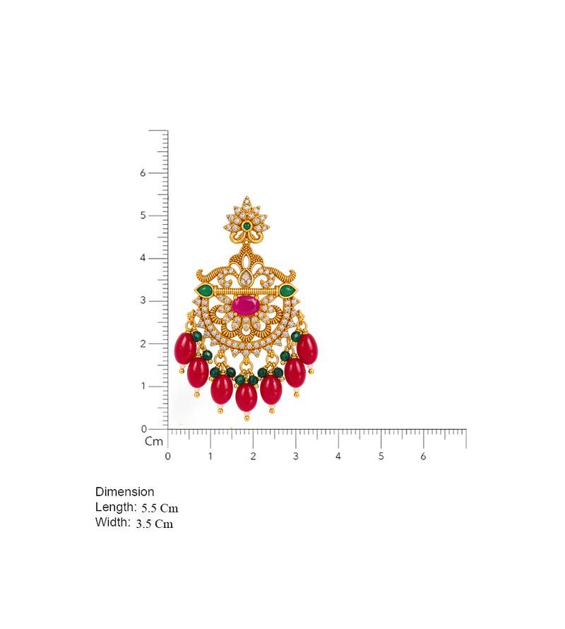 Traditional gold plated kundan chandbali earrings with red beads & green stones