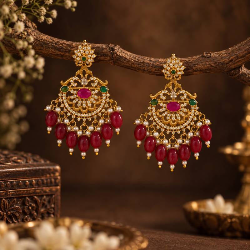 Traditional gold-plated kundan chandbali earrings with red beads & pearls