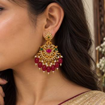 Traditional gold-plated kundan chandbali earrings with red beads & pearls 2