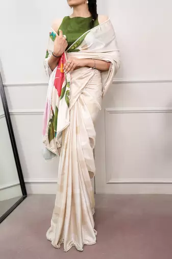 cream festive & party wear digital printed satin saree with pearl border