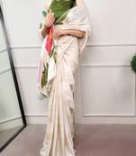 cream festive & party wear digital printed satin saree with pearl border