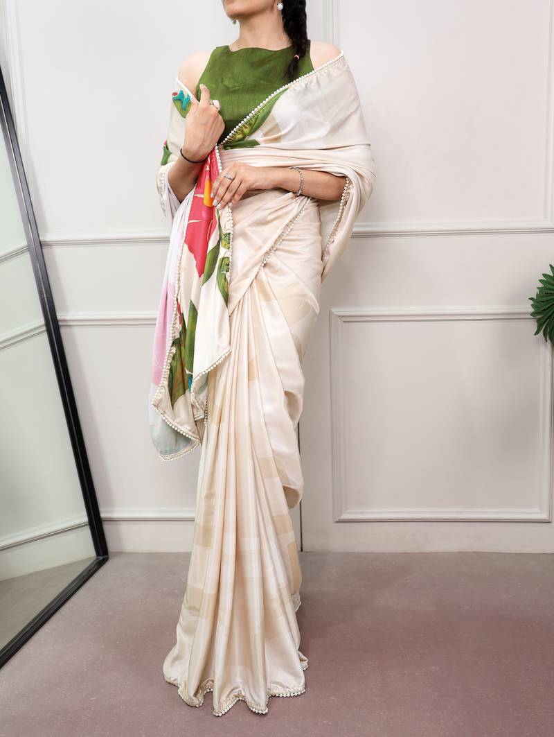 cream festive & party wear digital printed satin saree with pearl border