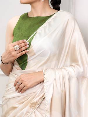 cream festive & party wear digital printed satin saree with pearl border 2