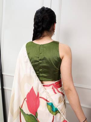cream festive & party wear digital printed satin saree with pearl border 3