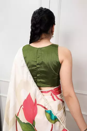 cream festive & party wear digital printed satin saree with pearl border