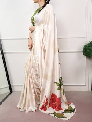 cream festive & party wear digital printed satin saree with pearl border 4