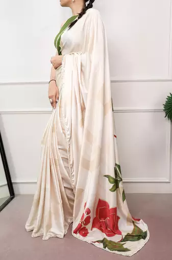 cream festive & party wear digital printed satin saree with pearl border