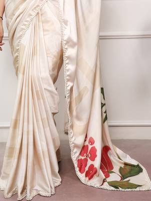 cream festive & party wear digital printed satin saree with pearl border 5