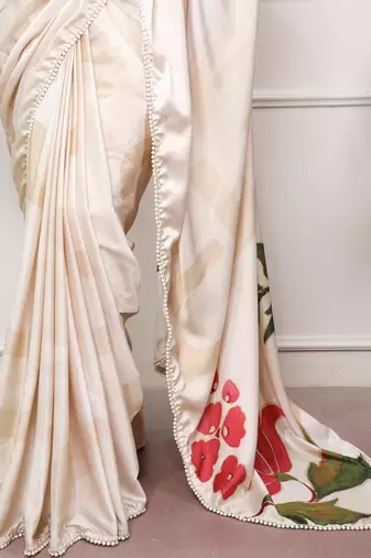 cream festive & party wear digital printed satin saree with pearl border