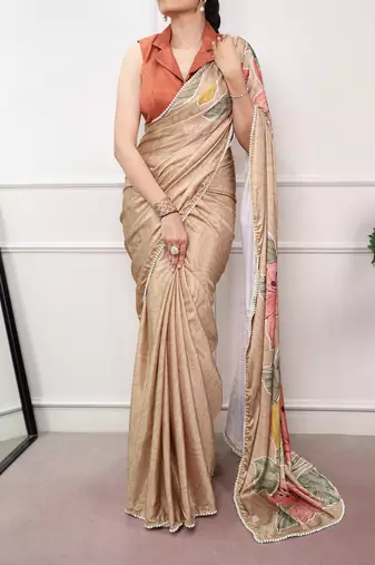 chiku festive & party wear digital printed satin saree with pearl border