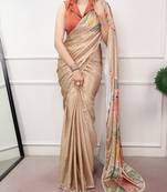 chiku festive & party wear digital printed satin saree with pearl border