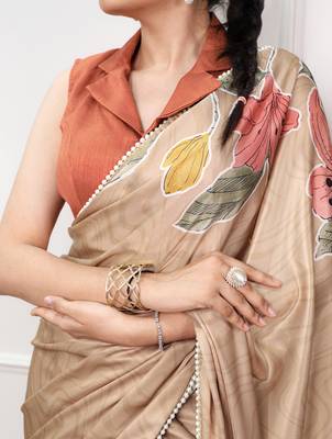 chiku festive & party wear digital printed satin saree with pearl border 2