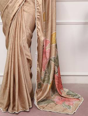 chiku festive & party wear digital printed satin saree with pearl border 5