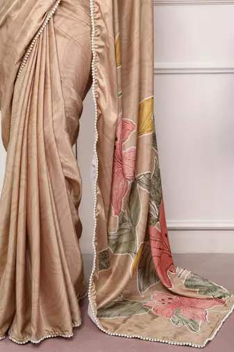 chiku festive & party wear digital printed satin saree with pearl border