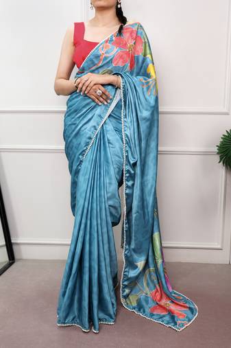 sky blue festive & party wear digital printed satin saree with pearl border