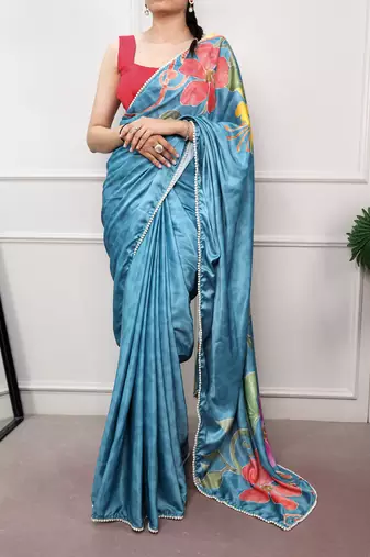 sky blue festive & party wear digital printed satin saree with pearl border
