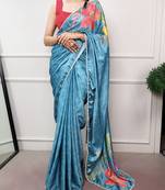 sky blue festive & party wear digital printed satin saree with pearl border