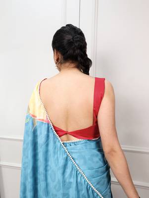sky blue festive & party wear digital printed satin saree with pearl border 3