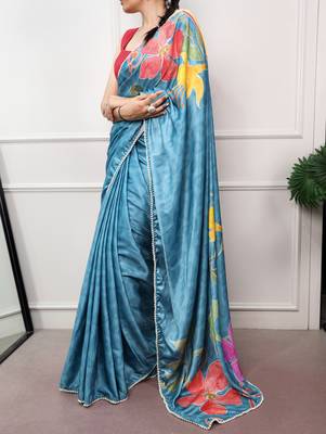 sky blue festive & party wear digital printed satin saree with pearl border 4