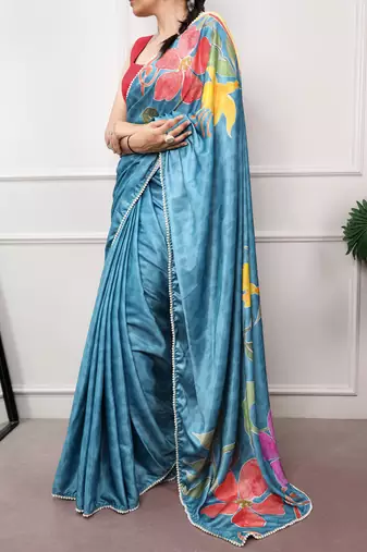 sky blue festive & party wear digital printed satin saree with pearl border