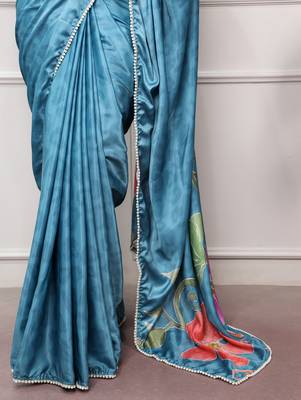 sky blue festive & party wear digital printed satin saree with pearl border 5