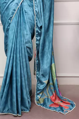 sky blue festive & party wear digital printed satin saree with pearl border