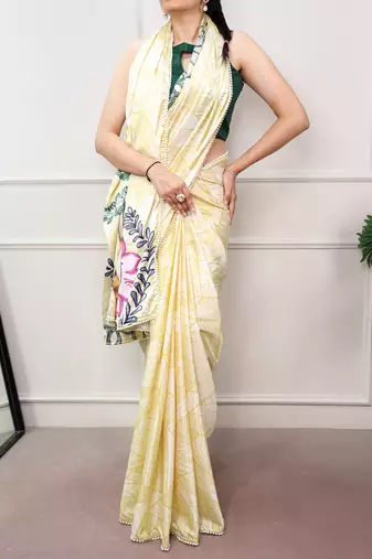 lemon festive & party wear digital printed satin saree with pearl border