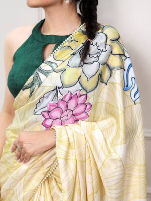 lemon festive & party wear digital printed satin saree with pearl border 2