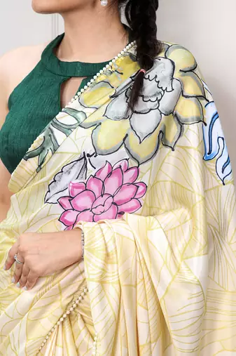 lemon festive & party wear digital printed satin saree with pearl border