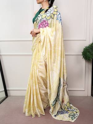 lemon festive & party wear digital printed satin saree with pearl border 4