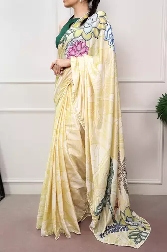 lemon festive & party wear digital printed satin saree with pearl border