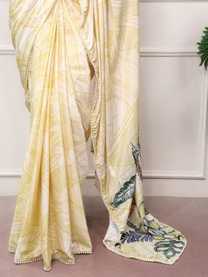lemon festive & party wear digital printed satin saree with pearl border 5