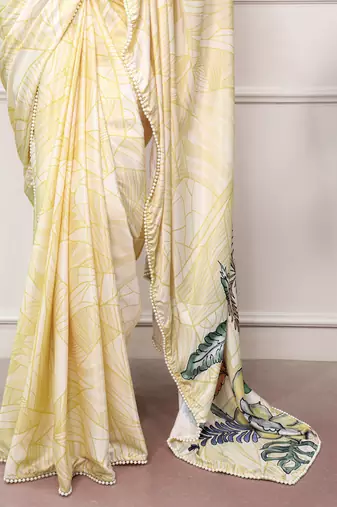 lemon festive & party wear digital printed satin saree with pearl border