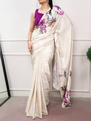 off white festive & party wear digital printed satin saree with pearl border 1