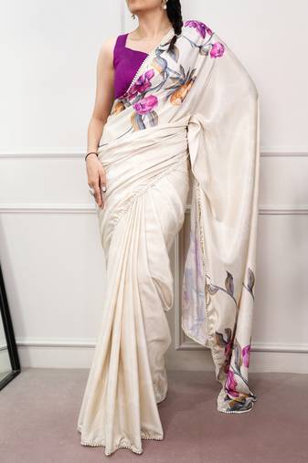 off white festive & party wear digital printed satin saree with pearl border