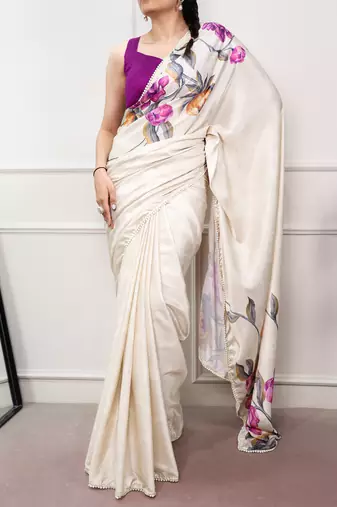 off white festive & party wear digital printed satin saree with pearl border