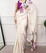off white festive & party wear digital printed satin saree with pearl border